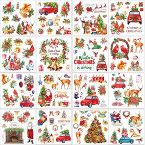 Vintage Christmas Rub on Transfers Stickers - 16 Sheets Christmas Rub on Transfers for Furniture and Crafts Xmas Santa Claus Vintage Floral Decal for Wood Scrapbooking Home Decor 5.7 x 5.7 Inch