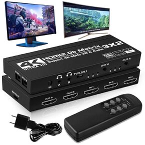 HDMI Matrix 3X2 4K60Hz HDMI2.0 Matrix Switch 3HDMI Input 2HDMI Output with Dual Audio Output 1×Power Adapter 1×IR Remote Splitter Support 4K@60Hz 1080P HDR 3D RGB8:8:8 18.5Gbps HDCP2.2 PS4/5 Xbox etc