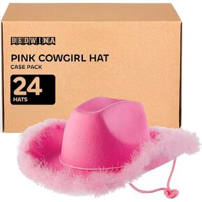 Pink Cowgirl Hat with Feather Boa - Cowboy Hat for Women, Teenage Girls with Fluffy Feather Brim for Bachelorette, Theme Costume Party, Role-Playing Dress-Up, Adult Size