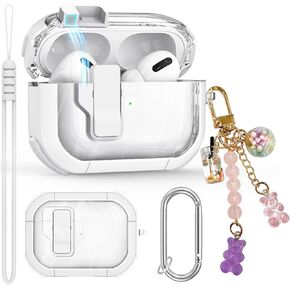 حافظة شفافة لحافظة AirPods Pro الجيل الثاني/الأول، حافظة قفل آمنة لجهاز Apple Airpod Pro 2&1 Gen مع حزام معصم من السيليكون وسلسلة مفاتيح حلوى لطيفة للنساء، وردي in Kuwait