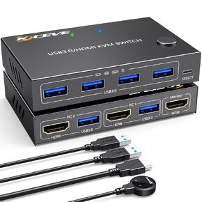 KVM Switch HDMI 2 Port Box، USB 3.0 وHDMI Switch 4K @ 60 هرتز 2K @ 144 هرتز محاكاة EDID لجهازي كمبيوتر مشاركة طابعة لوحة المفاتيح والماوس وشاشة عالية الدقة، مع جهاز تحكم عن بعد وكابلات in Kuwait