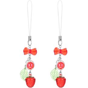 2Pcs Cute Strawberry Phone Charms, Delicate Cell Phone Charm Strawberry Bow Bead Pendants Accessories for Smart Phone Bag Keychain Camera