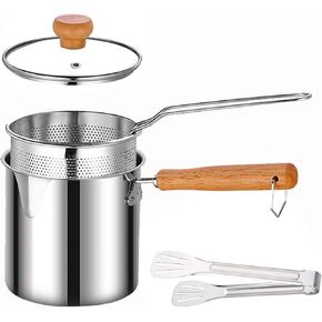 Deep Fryer Pot, Small Fryer with Basket, Stove Top Mini Oil Fryer for Home with Tongs, 1.3-Quart Stainless Steel Pot Combo Compatible with Gas or Induction Burner