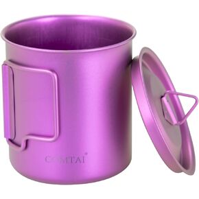 Titanium Pot, 420ml/15 oz Mug with Lid and Foldable Handle, Outdoor Titanium Cup for Hiking Camping Cooking-Purple