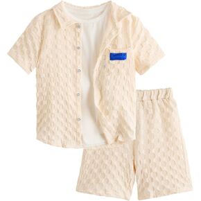 Verdusa Boy's 2 Piece Outfit Textured Letter Short Sleeve Shirt and Shorts Set