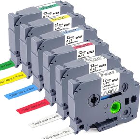 6 Pack Replacement for Brother P Touch Label Maker Tape TZe Tz Tape 12mm 0.47 Laminated White/Clear/Red/Yellow/Blue/Green Compatible with Brother P-Touch Label Maker PT-D210 PT-H110 PT-D220