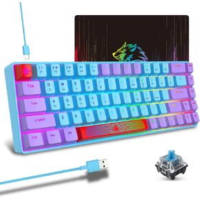 60% Percent Wired Mechanical Keyboard, RGB Backlight Compact 68 key Small Gaming Keyboard All Keys Anti-Ghost, Type-C Waterproof Color Mouse Pad for Windows Laptop PC Mac (Blue Purple & Blue Switch)