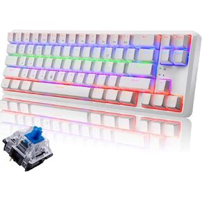 Wireless Mechanical Gaming Keyboard,60% Ultra-Compact Blue Backlit Rechargeable Bluetooth Dual Wired/Wireless Blue Switches Computer Keyboard for Multi-Device Phone Android Mobile(White Rainbow)