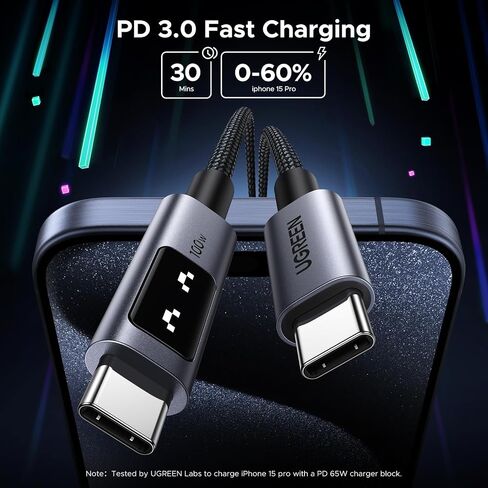 UGREEN Uno USB C to USB C Cable 100W Fast Charging Cable Type C Charging Cord with LED Display for iPhone 16/16 Plus/16 Pro/16 Pro Max/15, MacBook Pro/Air, iPad Pro/Air, Galaxy S24 Ultra 6.6FT Black in Saudi Arabia
