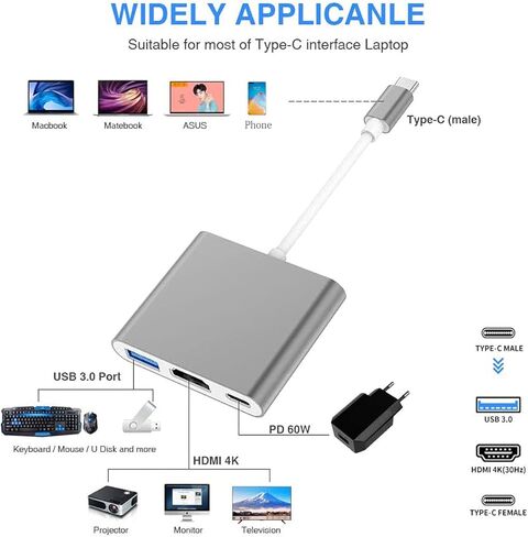 محول USB C إلى HDMI محول فيديو 4K من النوع C HDMI متعدد المنافذ AV محول USB 3.0 (فضي) in Saudi Arabia