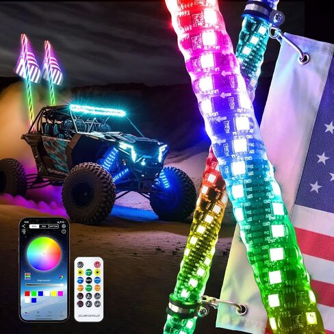 3FT LED Whip Lights for UTV RGB Chasing/Dancing Light Remote Control APP-Supported, 600+ Color Mode Combinations, RGB Chasing Lighted Antenna Whips for UTV, ATV, Truck, Dune Buggy in Kuwait