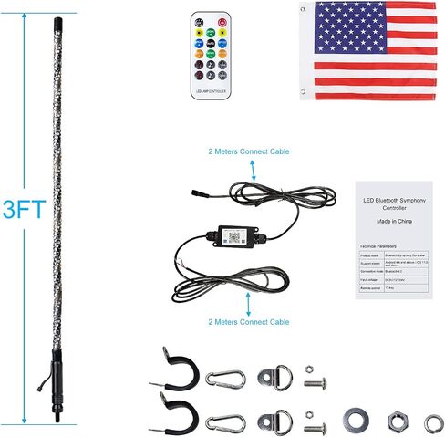 3FT LED Whip Lights for UTV RGB Chasing/Dancing Light Remote Control APP-Supported, 600+ Color Mode Combinations, RGB Chasing Lighted Antenna Whips for UTV, ATV, Truck, Dune Buggy in Kuwait