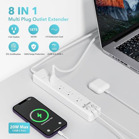 شريط طاقة محمي بقوة 1875 وات من BN-LINK مع PD 20 وات شحن سريع USB-C، سلك تمديد مسطح بطول 5 أقدام، 4 منافذ و4 منافذ USB، حماية من الحمل الزائد، حامل على الحائط، للمنزل والمكتب، مدرج في قائمة ETL، 1200J in Kuwait