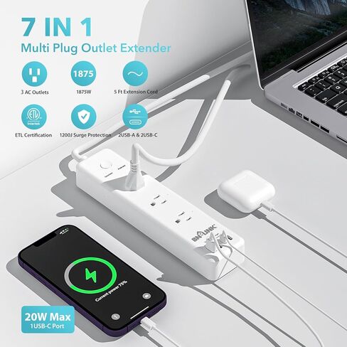 شريط طاقة محمي بقوة 1875 وات من BN-LINK مع PD 20 وات شحن سريع USB-C، سلك تمديد مسطح بطول 5 أقدام، 4 منافذ و4 منافذ USB، حماية من الحمل الزائد، حامل على الحائط، للمنزل والمكتب، مدرج في قائمة ETL، 1200J in Kuwait