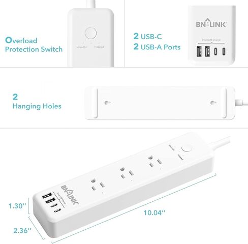 شريط طاقة محمي بقوة 1875 وات من BN-LINK مع PD 20 وات شحن سريع USB-C، سلك تمديد مسطح بطول 5 أقدام، 4 منافذ و4 منافذ USB، حماية من الحمل الزائد، حامل على الحائط، للمنزل والمكتب، مدرج في قائمة ETL، 1200J in Kuwait