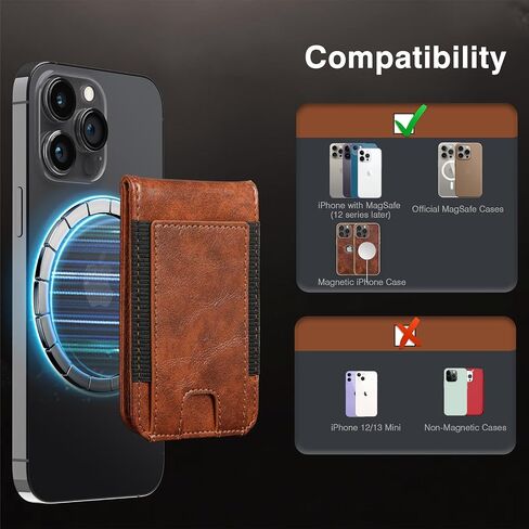 LOHASIC Design for MagSafe Wallet, Magnetic Card Holder with Stand, RFID Blocking Premium PU Leather Phone Wallet, Magnetic Wallet for iPhone 16/15/14/13/12 Series, Not for iPhone 13/12 Mini - Brown in Kuwait