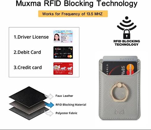Card Holder Sleeve with Ring, RFID Credit Wallet PU Leather Stick On Back Grip for iPhone Samsung Smartphone - Black in Kuwait