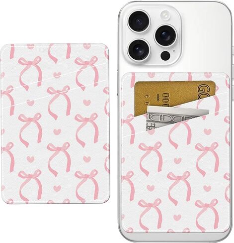 Phone Card Holder, Cute Leather Phone Wallet Stick On, Dual Pocket Credit Card Sticky Wallet, Compatible with Most of Cell Phone Cute Pink Bow in Kuwait