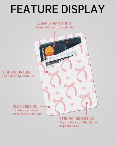 Phone Card Holder, Cute Leather Phone Wallet Stick On, Dual Pocket Credit Card Sticky Wallet, Compatible with Most of Cell Phone Cute Pink Bow in Kuwait