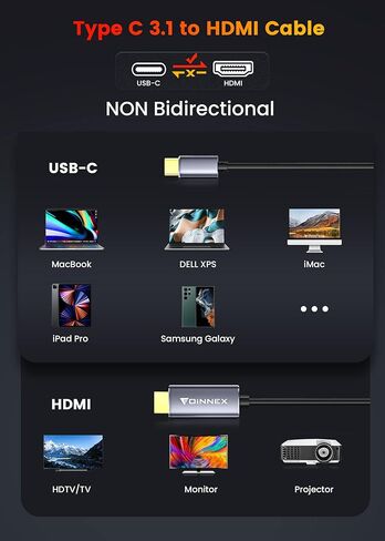 كابل FOINNEX USB C إلى HDMI 4K، كابل HDMI من النوع C بطول 6.6 قدم أحادي الاتجاه لسلسلة iPhone 15 وMacBook وiMac وiPad Pro وSurface in Kuwait