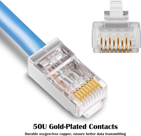 iGreely محمية Cat6 RJ45 موصلات 50 حزمة مطلية بالذهب RJ45 Cat6/Cat5E/Cat5 8P8C 50 ميكرون 50u 3 الشق FTP STP إيثرنت كابل تجعيد وحدات التوصيل in Kuwait