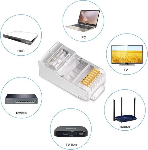 iGreely محمية Cat6 RJ45 موصلات 50 حزمة مطلية بالذهب RJ45 Cat6/Cat5E/Cat5 8P8C 50 ميكرون 50u 3 الشق FTP STP إيثرنت كابل تجعيد وحدات التوصيل in Kuwait