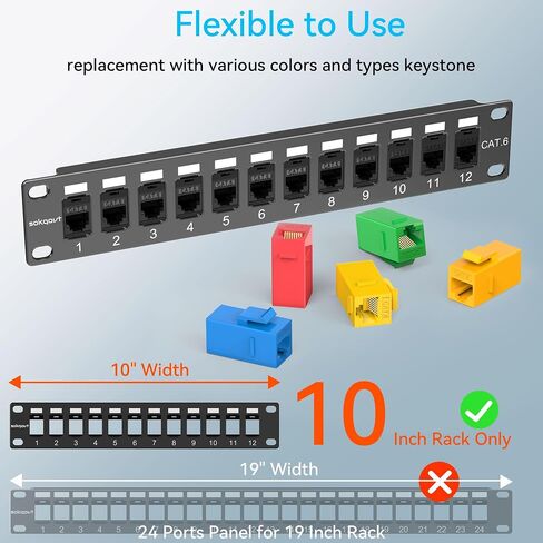 Patch Panel 12 Port Cat6 10 Inch with Coupler Keystone, Cat6 Network Patch Panel 10G No Punch Down, Time-Saver Ethernet 1U Rj45 Patch Panel, Rackmount Mini Coupler Patch Panel in Kuwait