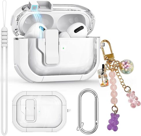 حافظة شفافة لحافظة AirPods Pro الجيل الثاني/الأول، حافظة قفل آمنة لجهاز Apple Airpod Pro 2&1 Gen مع حزام معصم من السيليكون وسلسلة مفاتيح حلوى لطيفة للنساء، وردي in Kuwait