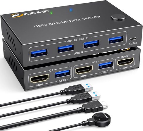 KVM Switch HDMI 2 Port Box، USB 3.0 وHDMI Switch 4K @ 60 هرتز 2K @ 144 هرتز محاكاة EDID لجهازي كمبيوتر مشاركة طابعة لوحة المفاتيح والماوس وشاشة عالية الدقة، مع جهاز تحكم عن بعد وكابلات in Kuwait