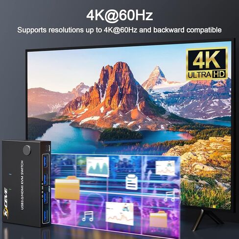 KVM Switch HDMI 2 Port Box، USB 3.0 وHDMI Switch 4K @ 60 هرتز 2K @ 144 هرتز محاكاة EDID لجهازي كمبيوتر مشاركة طابعة لوحة المفاتيح والماوس وشاشة عالية الدقة، مع جهاز تحكم عن بعد وكابلات in Kuwait