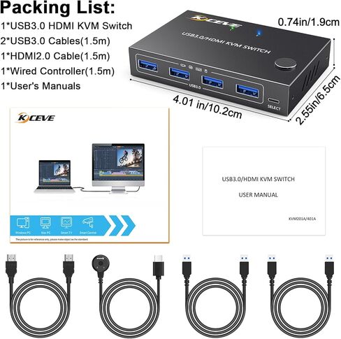 KVM Switch HDMI 2 Port Box، USB 3.0 وHDMI Switch 4K @ 60 هرتز 2K @ 144 هرتز محاكاة EDID لجهازي كمبيوتر مشاركة طابعة لوحة المفاتيح والماوس وشاشة عالية الدقة، مع جهاز تحكم عن بعد وكابلات in Kuwait