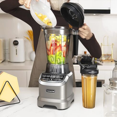 خلاط AMZCHEF سموثي كونترتوب، خلاط احترافي 1800 واط للمطبخ مع زجاجة سفر 600 مل، خلاط عالي السرعة للمخفوقات والعصائر وسحق الثلج والفواكه المجمدة، رمادي in Kuwait