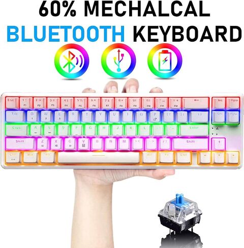 Wireless Mechanical Gaming Keyboard,60% Ultra-Compact Blue Backlit Rechargeable Bluetooth Dual Wired/Wireless Blue Switches Computer Keyboard for Multi-Device Phone Android Mobile(White Rainbow) in Saudi Arabia