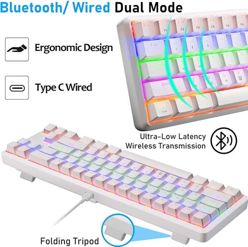 Wireless Mechanical Gaming Keyboard,60% Ultra-Compact Blue Backlit Rechargeable Bluetooth Dual Wired/Wireless Blue Switches Computer Keyboard for Multi-Device Phone Android Mobile(White Rainbow) in Saudi Arabia