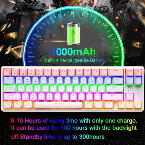 Wireless Mechanical Gaming Keyboard,60% Ultra-Compact Blue Backlit Rechargeable Bluetooth Dual Wired/Wireless Blue Switches Computer Keyboard for Multi-Device Phone Android Mobile(White Rainbow) in Saudi Arabia