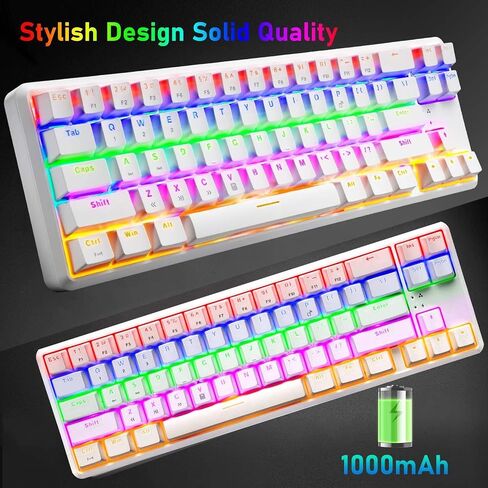 Wireless Mechanical Gaming Keyboard,60% Ultra-Compact Blue Backlit Rechargeable Bluetooth Dual Wired/Wireless Blue Switches Computer Keyboard for Multi-Device Phone Android Mobile(White Rainbow) in Saudi Arabia