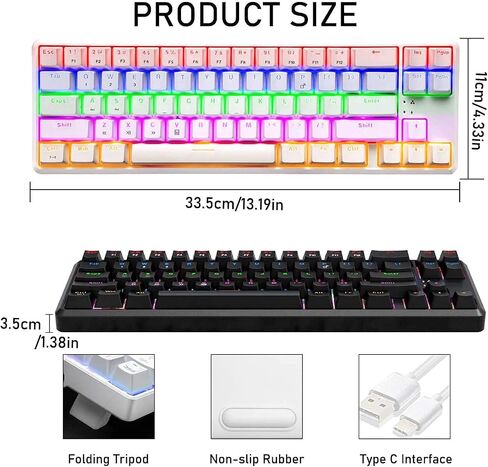 Wireless Mechanical Gaming Keyboard,60% Ultra-Compact Blue Backlit Rechargeable Bluetooth Dual Wired/Wireless Blue Switches Computer Keyboard for Multi-Device Phone Android Mobile(White Rainbow) in Saudi Arabia