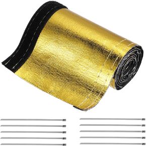 MECCANIXITY Heat Shroud Sleeve Aluminized Gold Sleeving 30mm 1-1/4 Inch ID x 300cm 10FT Heat Cable Sleeving for Hose Wire Heat Protection with Hook&Loop,10PCS Stainless Steel Ties
