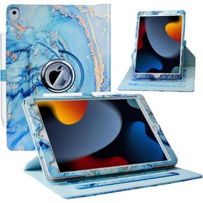 Case for iPad 9th/ 8th/ 7th Generation, iPad 10.2 inch Case 2021/2020/ 2019, 360 Degree Rotating Stand, iPad 9 8 7 Gen 10.2'' Leather Cover with Pocket Design & Pencil Holder, Marble Blue