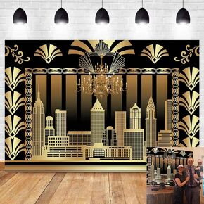7x5ft The Great Gatsby Photography Backdrop Roaring 20's 20s Themed Backdrop Vintage Dance Black Gold Art Event Decoration Birthday Wedding Party Decoration Photo Background Booth Banner Supplies