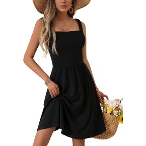 HUHOT Women's Summer Square Neck Dress Cute Sleeveless High Waist A-line Sundress with Pocket Midi Dresses