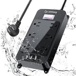 Outdoor Power Strip Weatherproof, 6 Outlets Waterproof Surge Protector with 3 USB Ports, 6 FT Extension Cord, Shockproof Overload Protection, Wall Mountable for Home Office Patio Porch (Black)