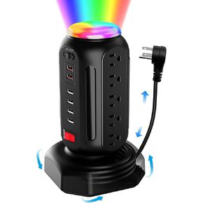 برج قطاع الطاقة 15 منفذًا و6 منافذ USB، واقي التيار مع ضوء LED ملون وشحن USB سريع، محطة شحن سطح المكتب مع سلك تمديد عالي التحمل بطول 6.5 قدم للمكتب المنزلي (أسود)