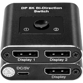DisplayPort Switch 2 in 1 Out, 8K@30Hz DisplayPort Splitter 1 in 2 Out,Bi-Directional DisplayPort Switch Box with One-Button Switching(BI1221) (Black Splitter)