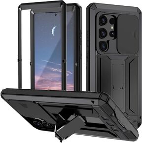 Miimall for Galaxy S24 Ultra Metal Case, S24 Ultra Full Body Phone Cover with Built-in Screen Protector & Kickstand & Camera Cover, Anti-Drop Heavy-Duty Rugged Case for Samsung S24 Ultra Yellow