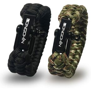 Paracord Survival Bracelet with Stainless Steel Bow Shackle Connection 3 Holes Adjustable Length for Hiking Camping 2-Pack Two Colors Black+Camouflage