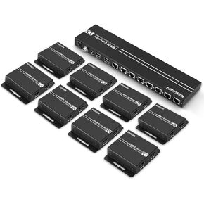 HDMI Extender Splitter 1x8, KanaaN HDMI Extender Over Cat5e/6 Ethernet Cable with IR Remote & EDID Management, Up to 165ft, Support 1080P@60Hz, POC, 1 in 8 Out (17 Displays, 1 Loop Out +16 Monitors)