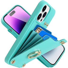 LAMEEKU Wallet Case Compatible with iPhone 14 Pro Max, Leather Case with Card Holder, 360°Rotation Ring Kickstand, RFID Blocking Protective Case Designed for Apple iPhone 14 Pro Max 6.7'' Beige (2022)