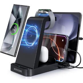 Wireless Charger for Samsung, 5 in 1 Wireless Charging Station for Samsung, Charger Dock Stand for Samsung Galaxy Watch Ultra 7 6 5 4 3,Galaxy S24 Ultra S23 S22 S21,Note 20 10 Z Fold,Galaxy Buds,Black
