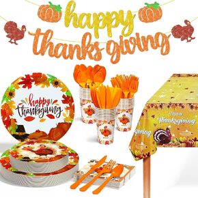 KatchOn, Thanksgiving Party Supplies - Huge 152Pcs (25 Guest) | Glitter, Happy Thanksgiving Banner and Thanksgiving Tablecloth | Thanksgiving Plates and Napkins Sets | Thanksgiving Table decorations